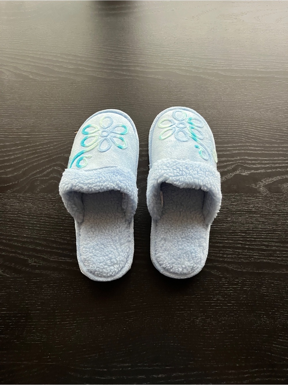 Secret Treasures Light Blue Plush Slip-On Slippers with Floral Embroidery